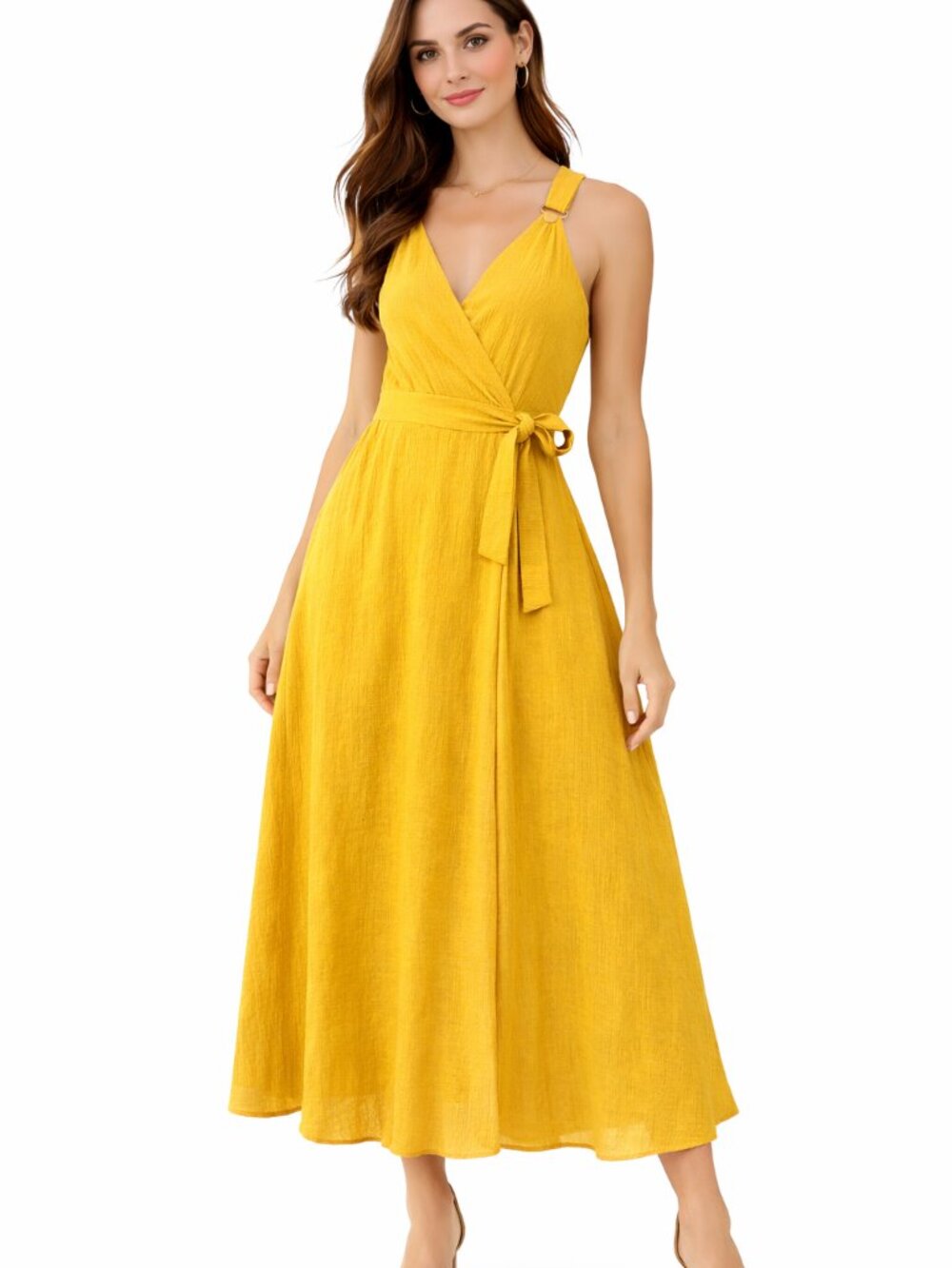 Joh Apparel Women’s Yellow Gold Wrap Dress Sleeveless V-Neck Midi Tie Waist S M